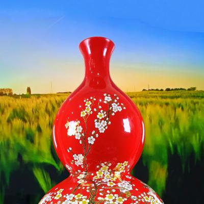 Bình Hồ Lô Men Đỏ - Hoạ Tiết Chim Hoa Đào - Gốm Sứ Trung Quốc